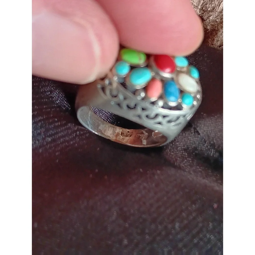 Turquoise, Red Coral Multi Stone Ring Turquoise, Red Coral Size 6/ 925 Sterlin